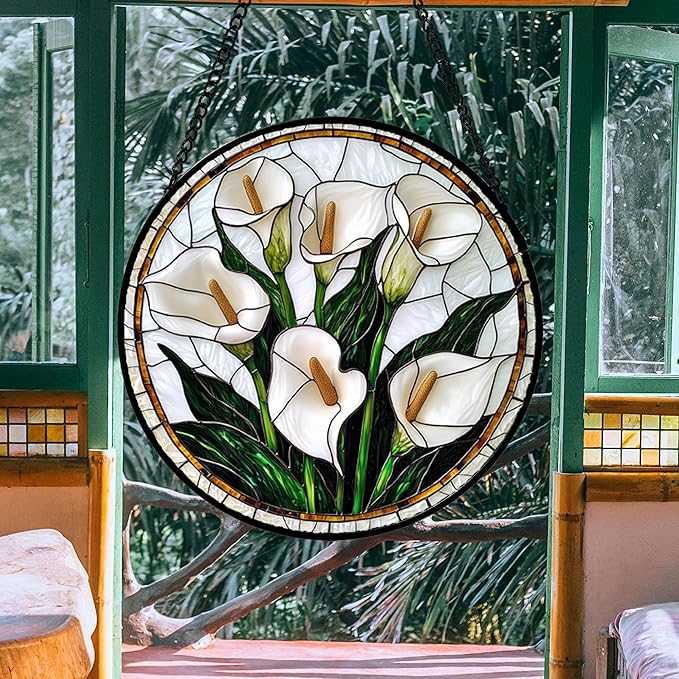 Stained Glass Window Hanging, White Calla Lily Flowers Sun Catchers Glass Panel Plant Suncatcher Decor for Birthday for Women, Men, Wife, Aunt, and Mom 14.9x14.9 in
