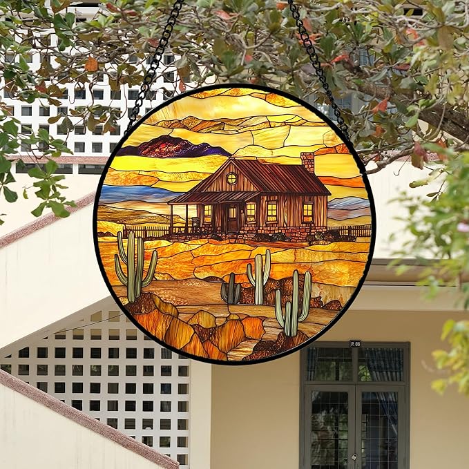 Stained Glass Window Hanging 4 Pcs Set Desert Sunset Theme Landscape Large 15" - Suncatcher Door Garden Sun Catcher Decor Birthday Christmas for Mom Woman Nana Men