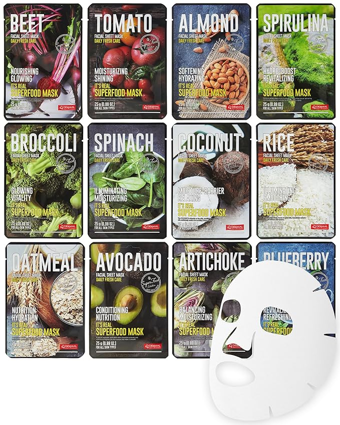 DERMAL Super Food Face Masks Skincare- 12 Pack Facial Sheet Mask for a Glowing Refreshing Skin- Moisturizing Sheet Masks for Face Enriched with Natural Ingredients for All Skin Types