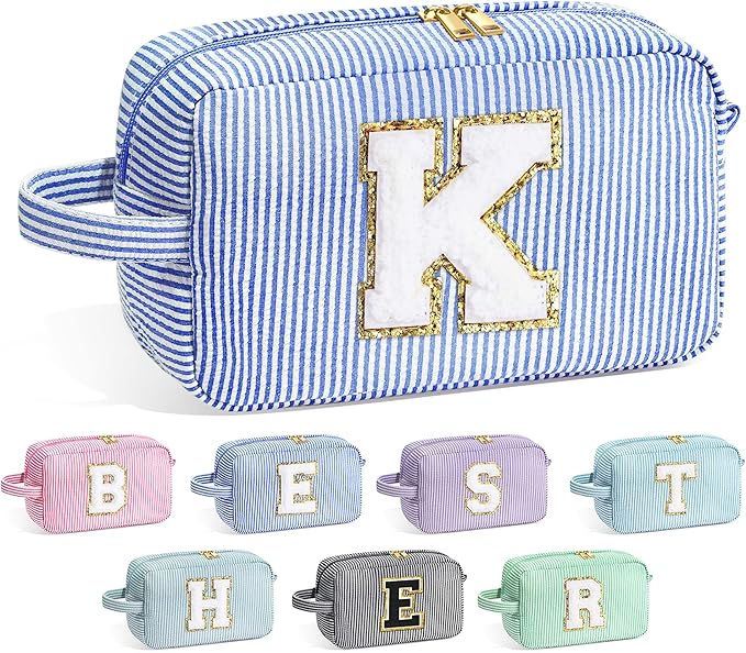 YOOLIFE Makeup Bag for Women - Monogram Cute Initial Blue Makeup Bags Cosmetic Toiletry Pouch Make Up Case for Women Her Best Friend Friendship Sister Teacher, Personalized Birthday Gifts for Women K