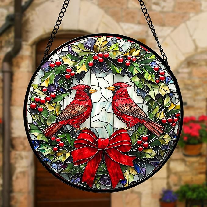 Stained Glass Window Hanging - Cardinals Green Wreath Suncatcher for Doors Home Christmas Decoration Red Bird Sun Catcher Thanksgiving New Year Birthday Gift for Women Men Mom Nana 9.8 in