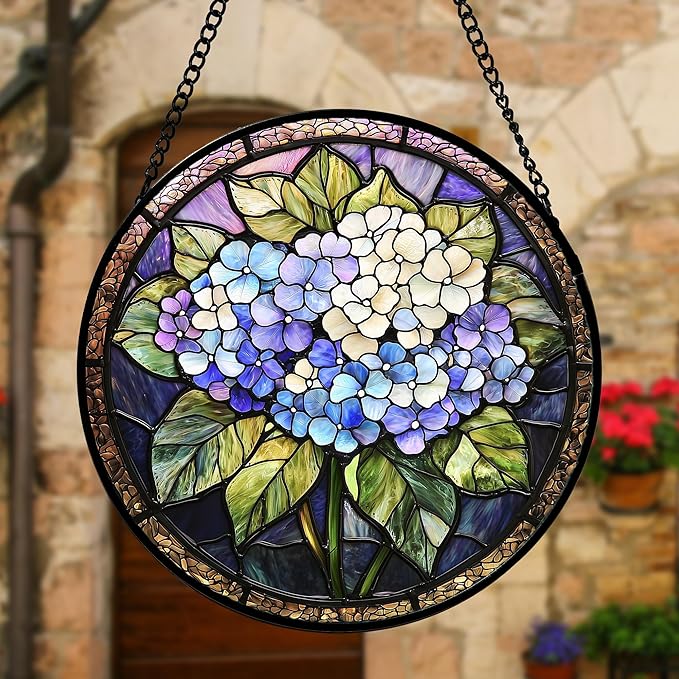Stained Glass Window Hanging, Hydrangea Flowers Sun Catchers Diamond Glass Panel Hangings Plant Suncatcher Decor for Birthday for Women, Men, Wife, Aunt, and Mom 11.8x11.8 in