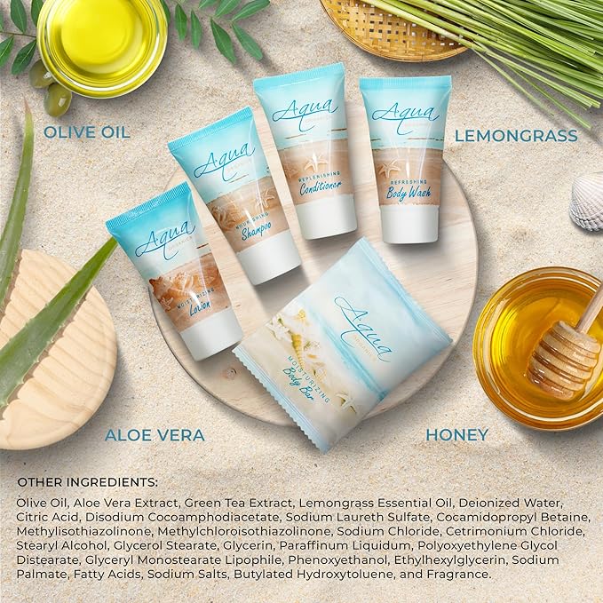Aqua Organics Hotel Soaps & Toiletries Bulk Set | 1-Shoppe Amenities Kit | 1oz Shampoo & Conditioner, Body Wash, Lotion, 1oz Bar Soap | Travel Size | 75 Pieces