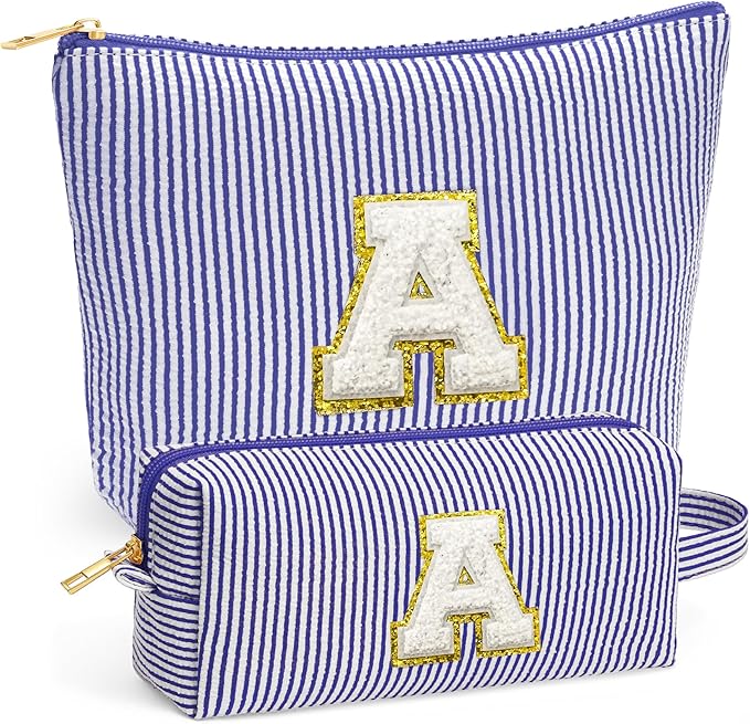 Travel Makeup Bag Set - Travel Essentials, Initial Make up Cosmetic Bag Makeup Pouch Travel Toiletry Bag | Cute Blue Stuff Birthday Gifts for Women Mom Daughter, Blue Letter A