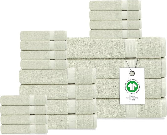 Delara Organic Cotton Luxuriously Plush Bath Towel 20 Piece Set|GOTS & Oeko-TEX Certified|Premium Hotel Quality Towels|Feather Touch Technology|650 GSM Long Staple|Soft, Quick Dry & Ultra-Absorbent