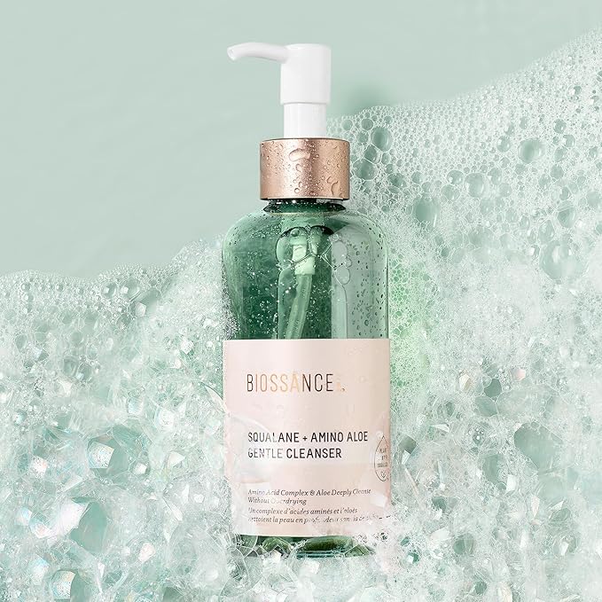 BIOSSANCE Squalane + Amino Aloe Gentle Face Wash – Foaming Facial Cleanser Gel – Hydrating for All Skin Types – Removes Makeup & Deeply Cleans Pores with Moringa Extract – Soothes with Aloe Vera