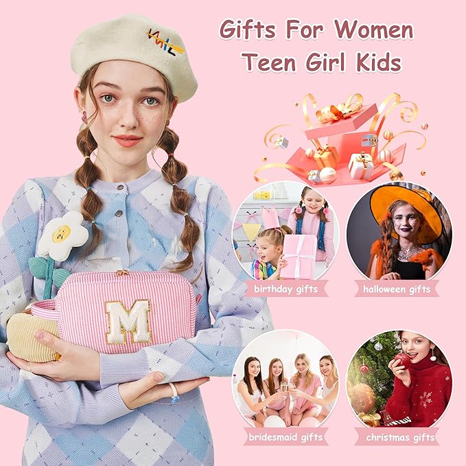 YOOLIFE Gifts for Teen Girls - Personalized Initial Makeup Bag, Birthday Gifts for Women Sister Friend Daughter Girls Kids
