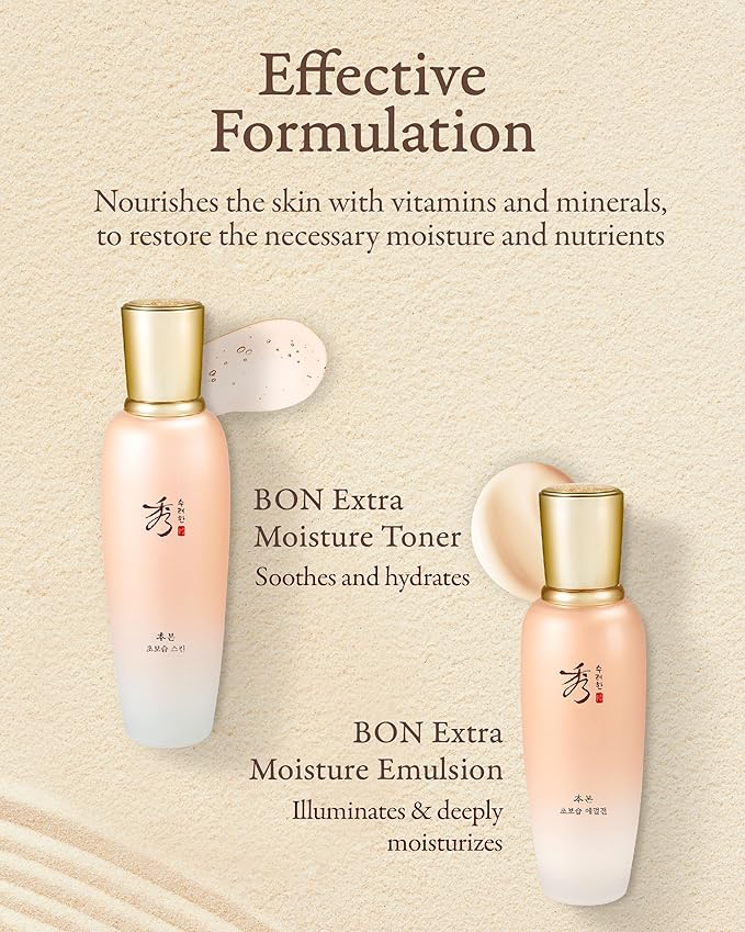 Sooryehan Bon Extra Moisture Korean Skin Care Gift Set (13.01 Fl Oz) - Luxury Premium High-end by LG Beauty. Hydrating Toner, Emulsion Lotion, Cleansing Foam, Eye Cream.