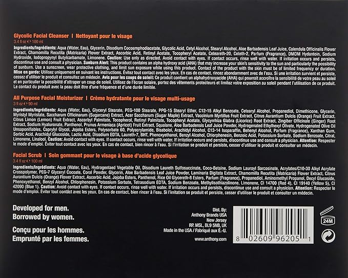 Anthony Face It & Go Kit, Set Includes Glycolic Facial Cleanser 3.4 Fl Oz. All Purpose Facial Moisturizer 3 Fl Oz. Facial Scrub 3.4 Fl Oz.