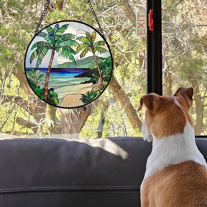 Stained Glass Window Hanging 4 Pcs Set Blue Ocean Coconut Tree Scenery Large 11.8" - Suncatcher Door Garden Sun Catcher Decor Birthday Christmas for Mom Woman Nana Men