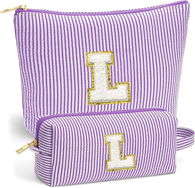 Travel Makeup Bag Organizer - Travel Essentials, Initial Travel Toiletry Bag with Zipper | Small Makeup Bag for Purse Cute Purple Stuff Birthday Gifts for Women Mom Daughter, Purple Letter L