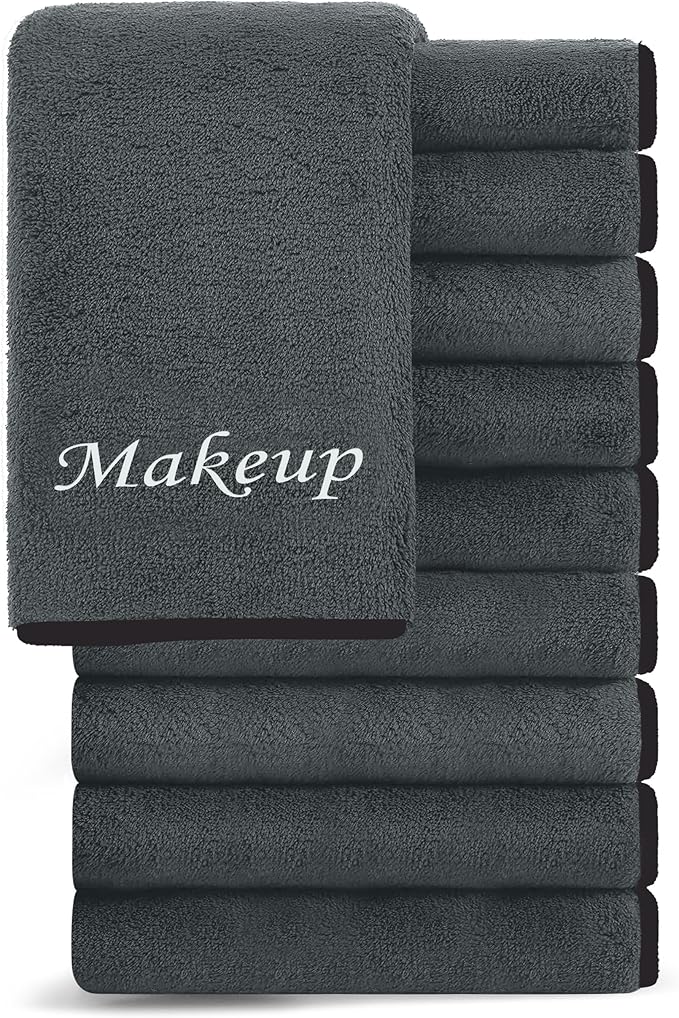 Cosy Family 10 Pack Makeup Remover Wash Cloths - Soft Microfiber Fingertip Facial Cleansing Cloths for Hand and Make Up, 12 x 12 in, Black Grey
