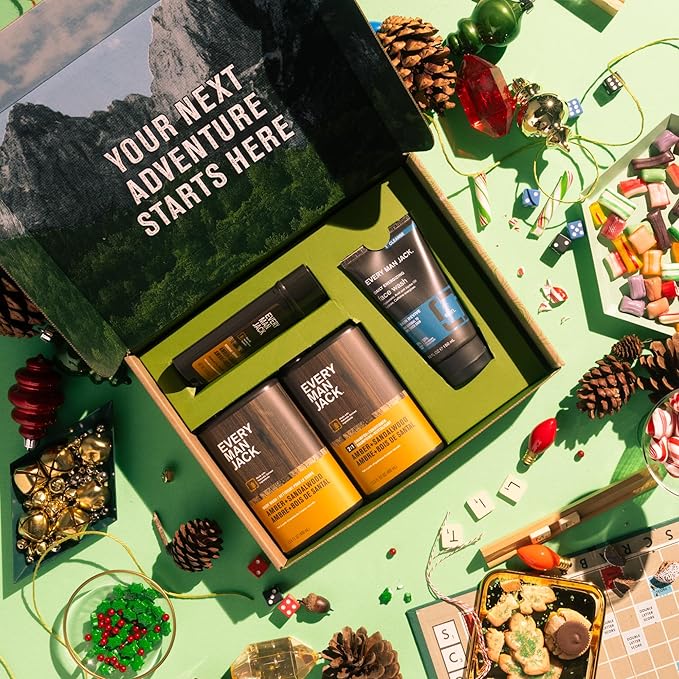 Every Man Jack Men’s Amber + Sandalwood Bath and Body Gift Set - Clean Ingredients & Sandalwood, Amber, and Vetiver scent - Round Out His Routine with Body Wash, 2-in-1 Shampoo, Deodorant & Face Wash