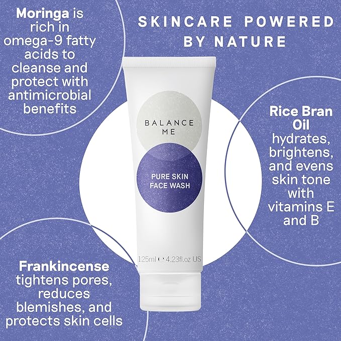 Balance Me Pure Skin Face Wash, Gentle Foaming Facial Cleanser with Moringa & Rice Bran (1 x 4.23 fl oz), Non Toxic Water-Based Facewash for Oily, Blemish-Prone & Sensitive Skin