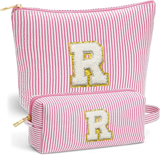 Initial Makeup Bag Set for Women - Travel Pouch, Portable Cosmetic Bag Make up Kit Pouch | Travel Essentials Cute Makeup Bag Birthday Gifts for Women, Pink Letter R