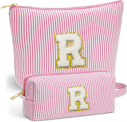 Initial Makeup Bag Set for Women - Travel Pouch, Portable Cosmetic Bag Make up Kit Pouch | Travel Essentials Cute Makeup Bag Birthday Gifts for Women, Pink Letter R