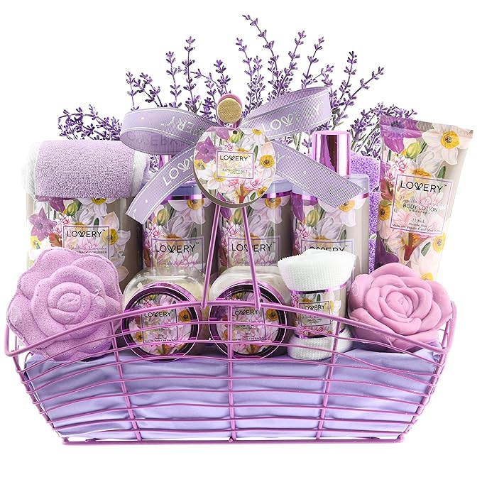 Gift Sets For Women, Gift Basket for Women & Men, Bath and Body Gift Basket, 13pc Vanilla Lavender Home Spa Set, Body Lotion, Bath Bomb, Shower Gloves Gift for Mom Thank You Birthday Gifts