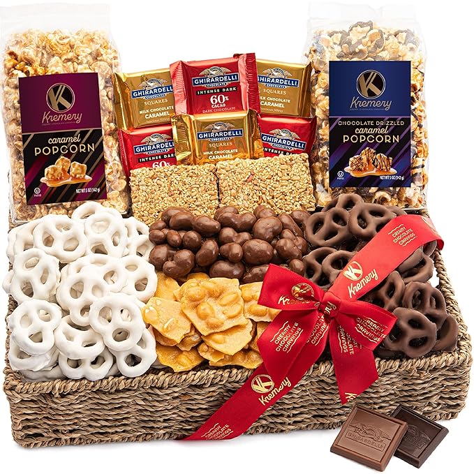 KREMERY Creamy Chocolate Cravings - Chocolate Covered Pretzels & Caramel Popcorn Gift Basket, in Seagrass Tray + Ribbon (Deluxe, 3.5 lbs) Food Arrangement, Food Assortments USA Made