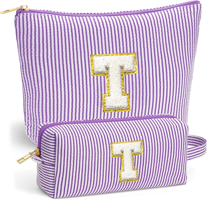 Initial Makeup Bag for Women - Travel Pouch, Portable Cosmetic Bag Make up Kit Pouch | Travel Essentials Cute Makeup Bag Birthday Gifts for Women, Purple Letter T