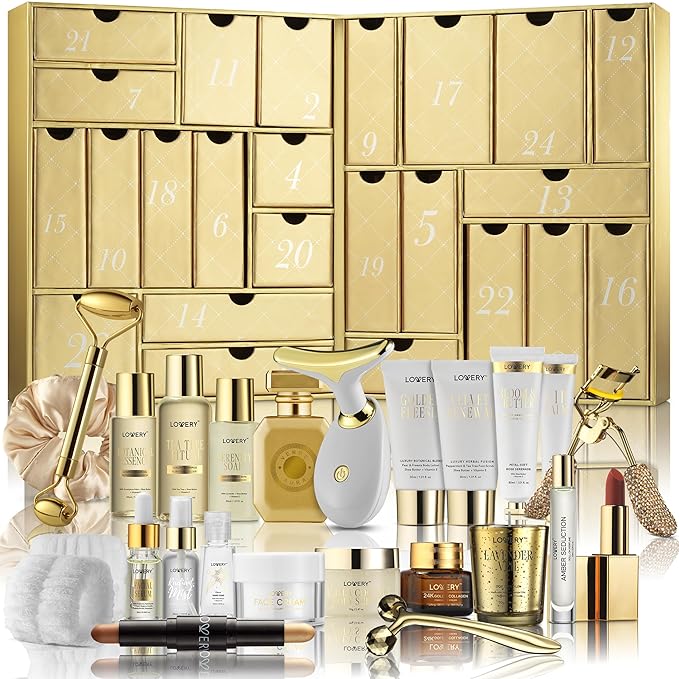 LOVERY 24-Day Luxury Beauty Advent Calendar for Women – Premium Holiday Gift Set with Skincare, Perfume, Candles, and Beauty Tools – Deluxe Gold Self-Care Countdown to Christmas