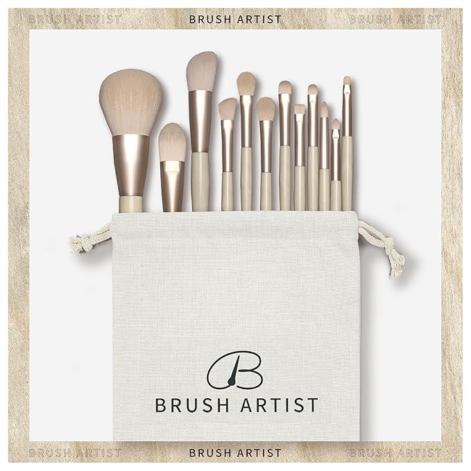 BRUSH ARTIST 13 PCs Premium Synthetic Champagne Makeup Brush Set with Cotton Cosmetic Bag, Foundation Sponge, Face Powder Brush, Contour Brush, Blush Brush, Eyeshadow Brush, Concealer Brush