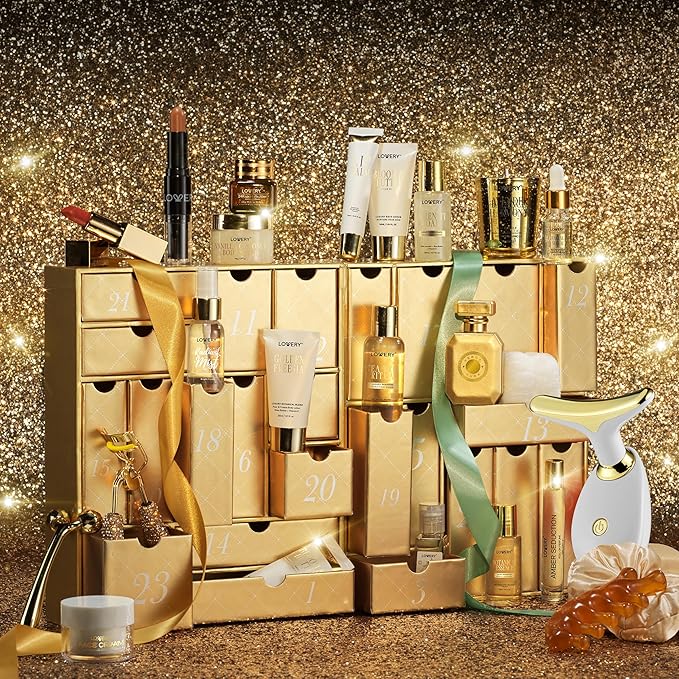 LOVERY 24-Day Luxury Beauty Advent Calendar for Women – Premium Holiday Gift Set with Skincare, Perfume, Candles, and Beauty Tools – Deluxe Gold Self-Care Countdown to Christmas