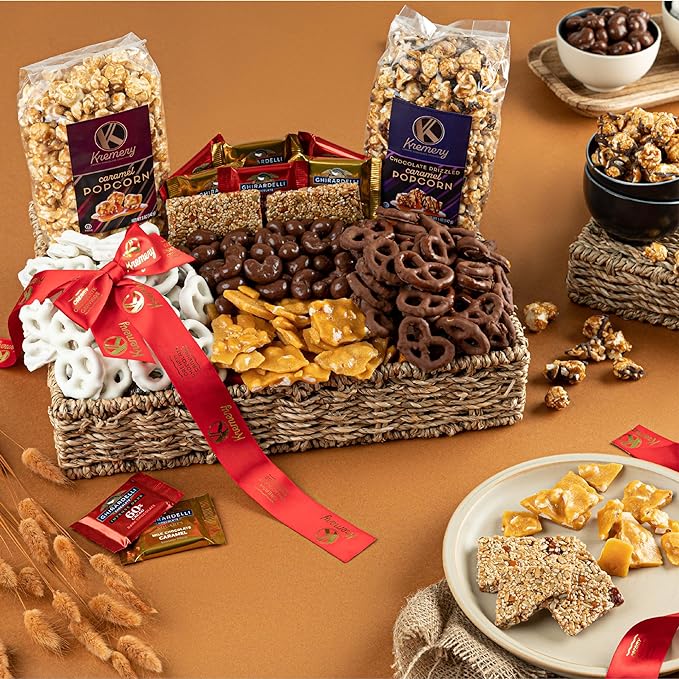 KREMERY Creamy Chocolate Cravings - Chocolate Covered Pretzels & Caramel Popcorn Gift Basket, in Seagrass Tray + Ribbon (Deluxe, 3.5 lbs) Food Arrangement, Food Assortments USA Made