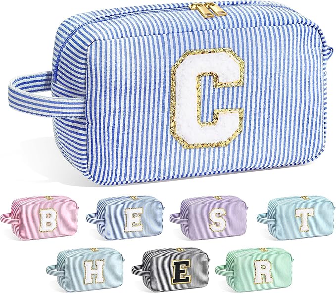 YOOLIFE Makeup Bag for Women - Monogram Cute Initial Blue Makeup Bags Cosmetic Toiletry Pouch Make Up Case for Women Her Best Friend Friendship Sister Teacher, Personalized Birthday Gifts for Women C
