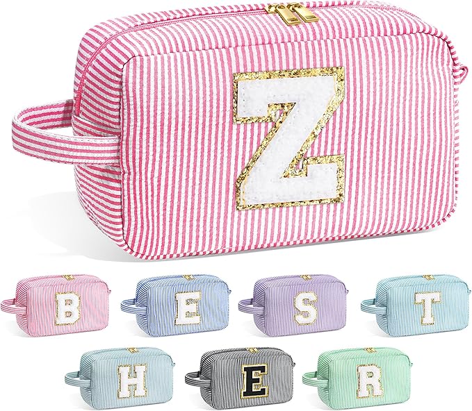 YOOLIFE Travel Makeup Bag for Women - Monogram Cute Initial Pink Cosmetic Bag Toiletry Pouch Make Up Case for Women Her Best Friend Friendship Sister Teacher, Personalized Birthday Gifts for Women Z