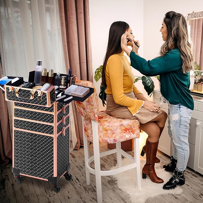 Rolling Makeup Case, Makeup Train Case with Lid, 5 in 1 Cosmetology Case on Wheels, Christmas Gift, Large Makeup Organizers, Profesional Cosmetic Case for Salon Barber, Black gold