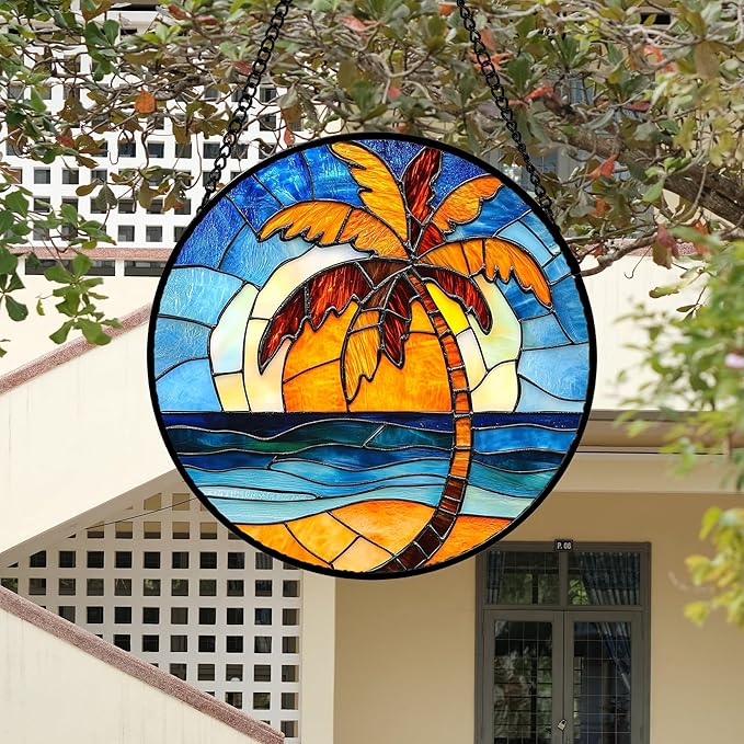 Stained Glass Window Hanging 4 Pcs Set Blue Orange Ocean Beach Theme 9.8" - Suncatcher Door Garden Sun Catcher Decor Birthday Christmas for Mom Woman Nana Men Wife