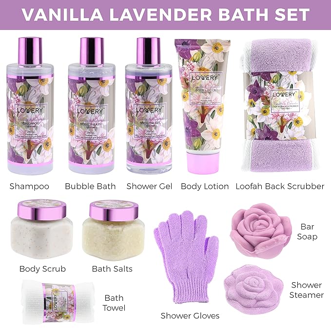 Gift Sets For Women, Gift Basket for Women & Men, Bath and Body Gift Basket, 13pc Vanilla Lavender Home Spa Set, Body Lotion, Bath Bomb, Shower Gloves Gift for Mom Thank You Birthday Gifts
