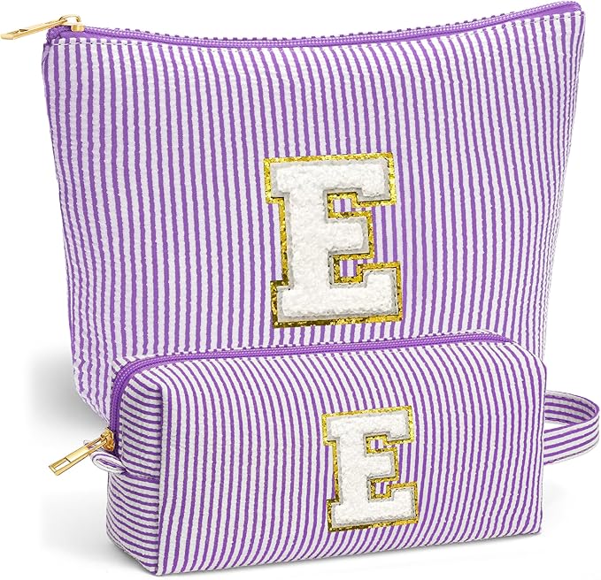 Initial Makeup Bag Set - Cute Purple Stuff for Women, Makeup Pouch Cosmetic Bag Small Makeup Bag for Purse, Travel Essentials Toiletry Bag for Women Birthday Gifts, Purple Letter E