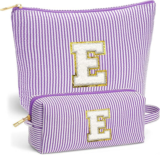 Initial Makeup Bag Set - Cute Purple Stuff for Women, Makeup Pouch Cosmetic Bag Small Makeup Bag for Purse, Travel Essentials Toiletry Bag for Women Birthday Gifts, Purple Letter E