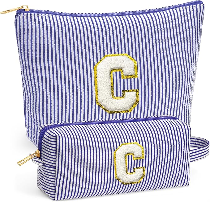Initial Makeup Kit - Cosmetic Bags for Women, Make up Bag Set Portable Travel Toiletry Bag with Zipper, Cute Blue Stuff Birthday Gifts for Women Mom Girlfriend, Blue Letter C