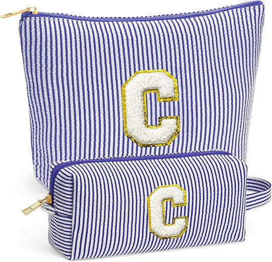 Initial Makeup Kit - Cosmetic Bags for Women, Make up Bag Set Portable Travel Toiletry Bag with Zipper, Cute Blue Stuff Birthday Gifts for Women Mom Girlfriend, Blue Letter C