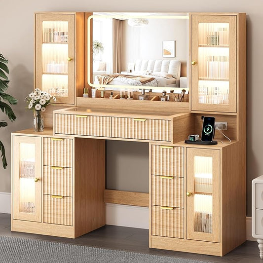 55" Vanity Desk with Mirror & Lights, Fluted Makeup Vanity with 8 Drawers & 4 Cabinets, Tempered Glass Top, RGB Cabinet Lighting, 3-Color Dimmable Mirror, and Charging Station (Natural Oak)