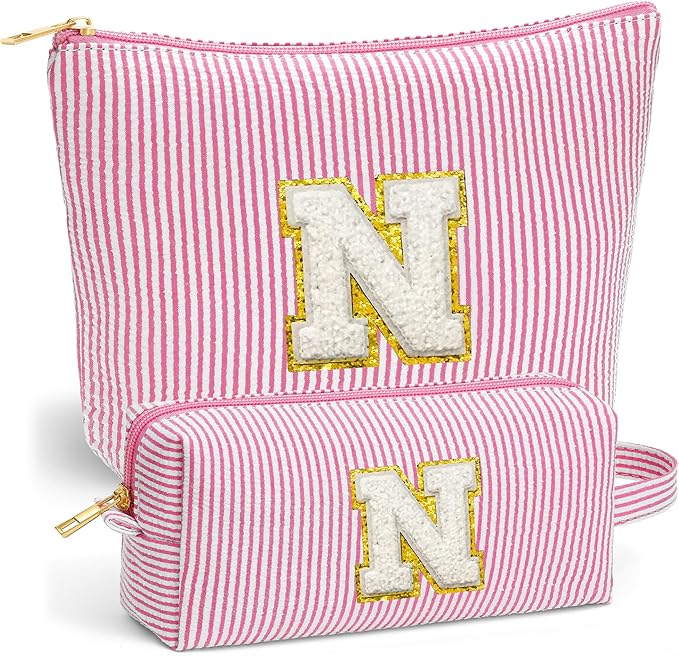 Initial Travel Toiletry Bag for Women - Travel Essentials, Travel Makeup Bag Small Cosmetic Make up Bag Cute Stuff Birthday Gifts for Women Mom Girlfriend Teacher, Pink Letter N