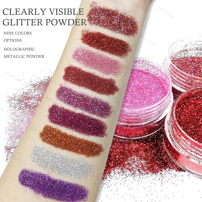 KYDA 3 Colors Glitter Lip Kit, Diamond Metllic High Pigmented Powder for Lips Cosmetics, Glitter Lips Makeup,with Lip Primer and Brush, Long Wear-Set A