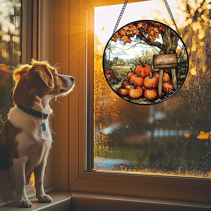 Stained Glass Window Hanging Fall Farm Scenery Maple Trees Pumpkin Large 15" - Suncatcher Door Garden Kitchen Sun Catcher Autumn Decor Birthday for Mom Nana Men Woman Friend