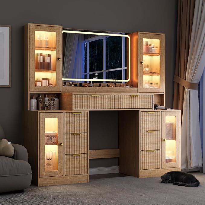 55" Vanity Desk with Mirror & Lights, Fluted Makeup Vanity with 8 Drawers & 4 Cabinets, Tempered Glass Top, RGB Cabinet Lighting, 3-Color Dimmable Mirror, and Charging Station (Natural Oak)