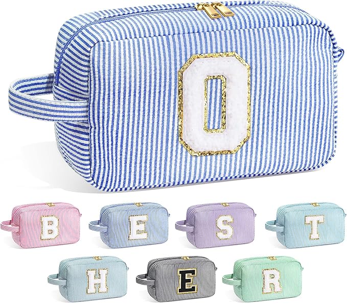YOOLIFE Initial Cosmetic Bag for Women - Monogram Cute Initial Blue Makeup Bags Toiletry Pouch Make Up Case for Women Her Best Friend Friendship Sister Teacher, Personalized Birthday Gifts for Women O