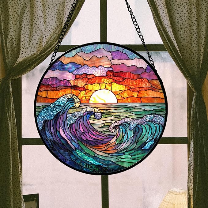 Stained Glass Window Hanging, Clouds and Sea Waves Suncatcher Diamond Glass Panel Hangings Scenery Sun Catchers Decor for Birthday for Women, Men, Wife, Aunt, and Mom 14.9 in
