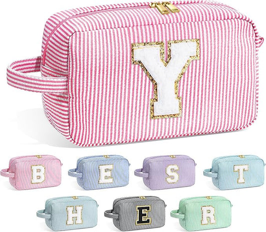YOOLIFE Travel Cosmetic Bag - Monogram Cute Initial Pink Makeup Bag Toiletry Pouch Make-Up Case, Personalized Birthday Gifts for Best Friend, Sister, Teacher