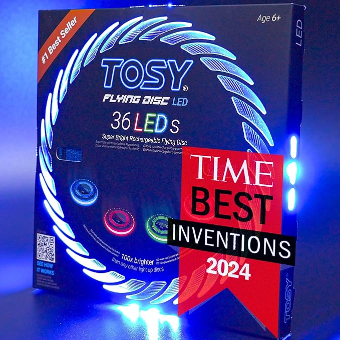 TOSY Flying Disc - 16 Million Colors RGB or 36 LEDs, Extremely Bright, Smart Modes, Camping Essentials for Teens/Kids/Adults/Men/Boys/Girls, Auto Light Up, Rechargeable, Waterproof, 175g