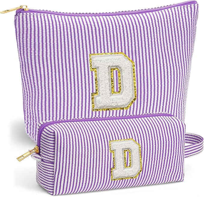 Travel Essentials - Portable Travel Makeup Bag Set for Women, Portable Initial Travel Toiletry Bag, Makeup Pouch Organizer Cosmetic Bag Birthday Gifts for Women, Purple Letter D