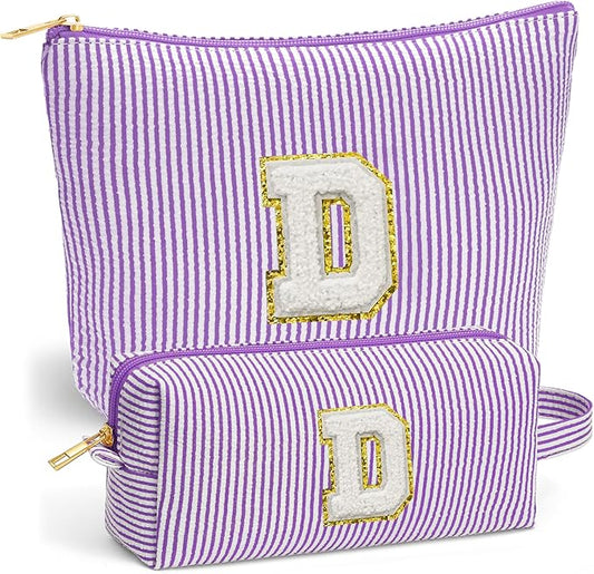 Travel Essentials - Portable Travel Makeup Bag Set for Women, Portable Initial Travel Toiletry Bag, Makeup Pouch Organizer Cosmetic Bag Birthday Gifts for Women, Purple Letter D