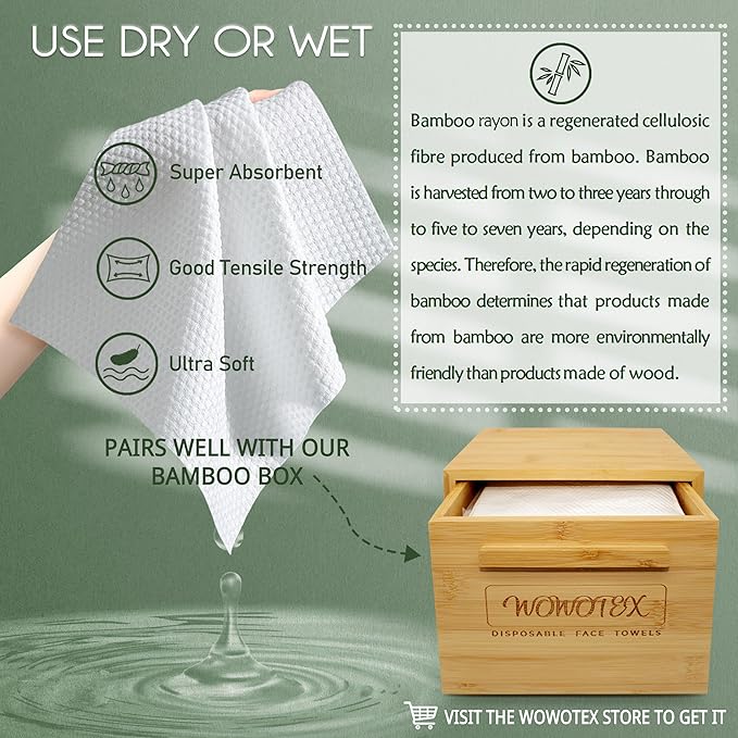 Travel Size Bamboo Viscose Disposable Face Towel Biodegradable Large Dry Face Wipes 30 Count/2 Box Extra Thick Soft Clean Facial Towels for Facial and Body Cleansing, Travel, Camping