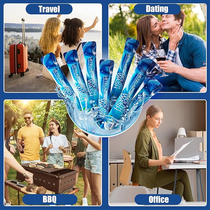 Portable Travel Size Mouthwash Packets - TSA-Approved Mini Mint Mouthwash for Adults, Alcohol & Fluoride-Free Oral Care for Air Travel, Dates & Office, 60 Individually Wrapped 0.4oz Packs