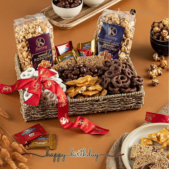 KREMERY Creamy Chocolate Cravings - Happy Birthday Treats, Chocolate Covered Pretzels & Caramel Popcorn Gift Basket, in Seagrass Tray + Ribbon & Greeting Card (Deluxe, 3.5 lbs) Food Assortments USA Made